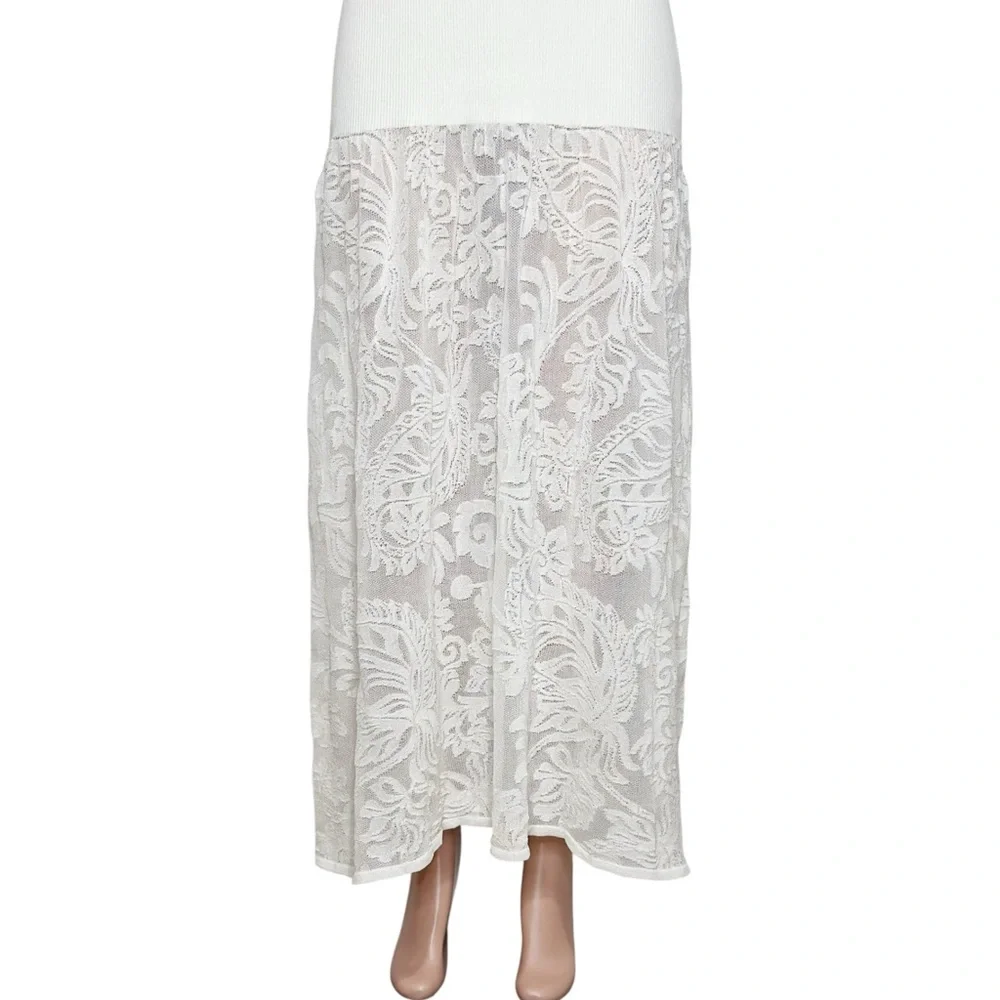 BEC & BRIDGE Rissa Ribbed Knit Dress W/ Mesh Lace Skirt, Ivory, Large - Picture 14 of 15